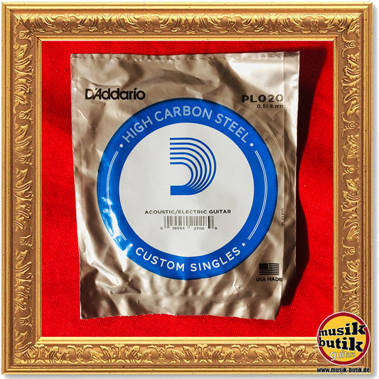 D'Addario PL020 Einzelsaite für Gitarre, blanker Stahl, .020